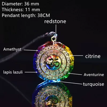 Load image into Gallery viewer, Chakra pendant necklace featuring amethyst, citrine, lapis lazuli, aventurine, turquoise, and redstone. 36mm diameter.