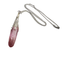 Load image into Gallery viewer, Pink crystal point pendant necklace with silver chain and ornate cap detail.