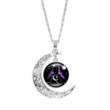 Load image into Gallery viewer, Silver Gemini Zodiac Necklace with Crescent Moon and astrology symbol.