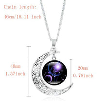 Load image into Gallery viewer, Silver crescent moon necklace with Libra zodiac sign and a 46cm chain.