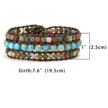 Load image into Gallery viewer, Handmade triple-row wrap bracelet with turquoise and stone beads on a brown cord.