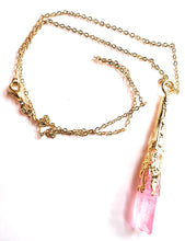 Load image into Gallery viewer, Pink hematite crystal spike pendant necklace with gold chain and decorative gold-plated filigree.