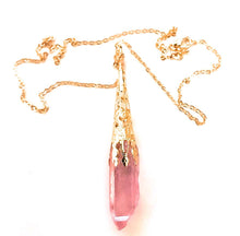 Load image into Gallery viewer, Pink crystal spike pendant necklace with gold chain. Close-up view of handmade crystal jewelry.