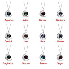 Load image into Gallery viewer, Zodiac sign necklaces featuring crescent moon pendant. Astrology jewelry for all 12 signs.