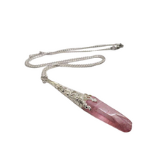 Load image into Gallery viewer, Rose quartz point pendant with decorative silver cap and chain.
