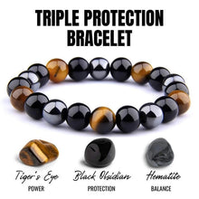 Load image into Gallery viewer, Triple protection bracelet with hematite, tiger's eye, and obsidian stone beads.
